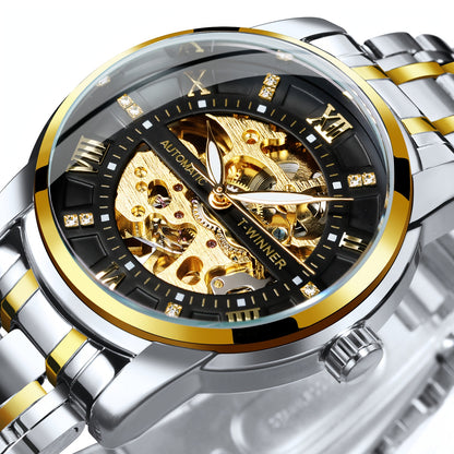 1pc Fashion Luxury Golden Skeleton Automatic Mechanical Watch for Men Luminous Hands Top Brand Stainless Steel Strap Business Casual Mens Watches Festival Birthday Gifts, TWINNER