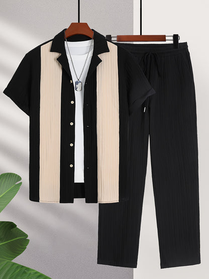 New Men's Colorful French Stripe Short Sleeve Shirt and Trousers Set