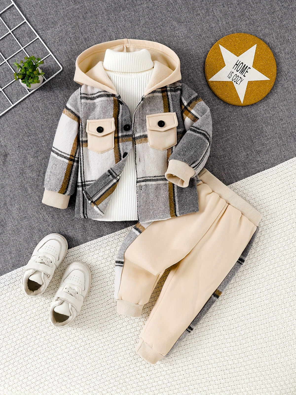 Boys' Plaid Hooded Jacket & Joggers Set - Cozy Fall Winter Outfit - ayq