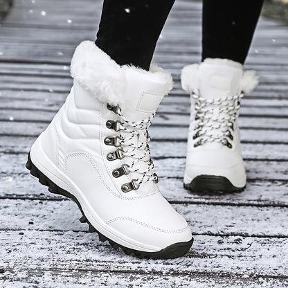 Women's Winter Snow Boots with -Like Collar & Traction Tread - Warm Round Toe Ankle-High Black/White Booties, Rubber Sole for Ice & Snow, Cold Weather Shoes (No Calf Strap) - Chinese New Year Ready Footwear