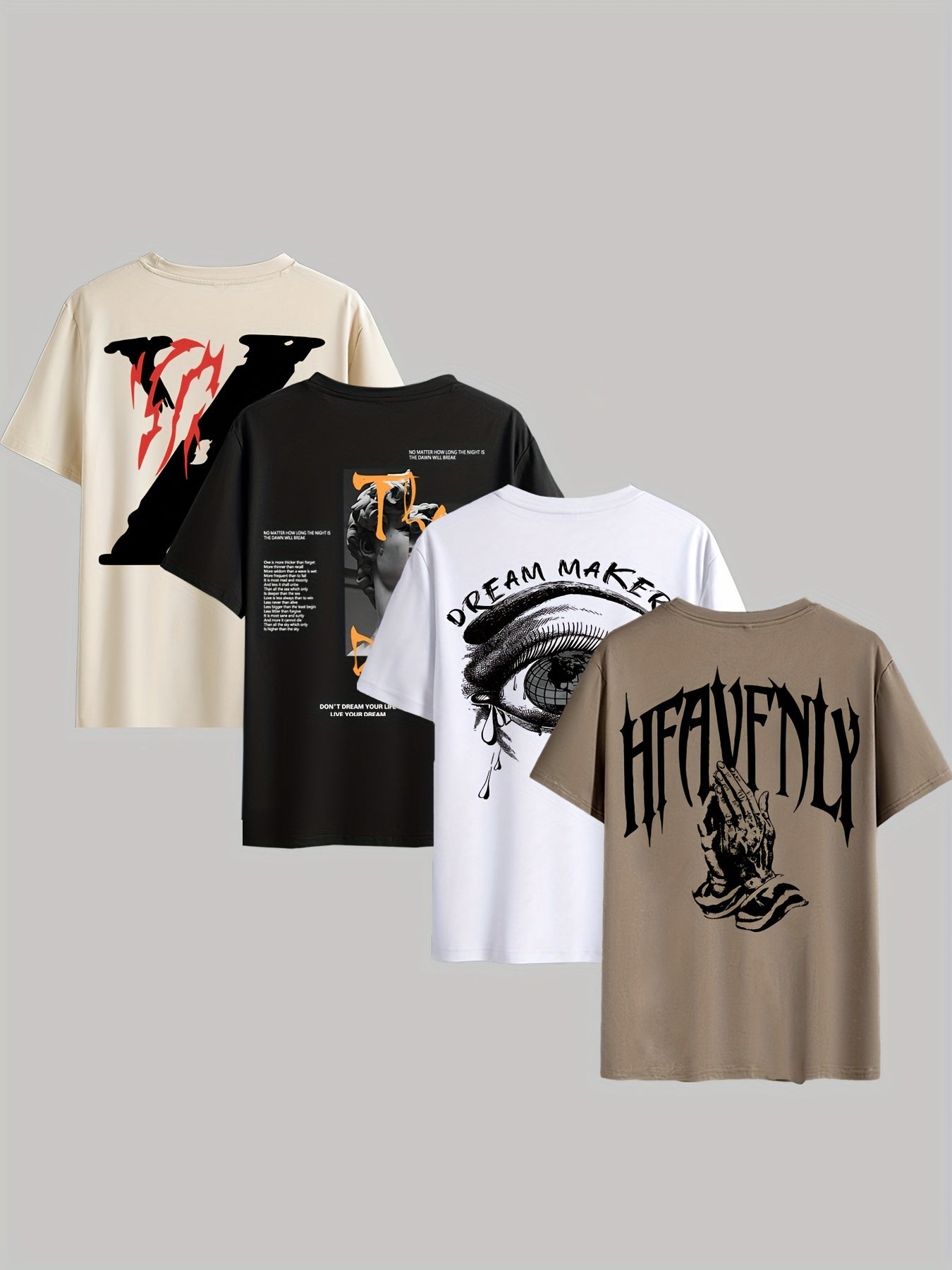 4pcs Men's Graphic Tees - "Heavenly"  More Designs, Casual Crew Neck Short Sleeve T-Shirts in Beige, Black, White - Lightweight Polyester for Summer Outdoor Wear