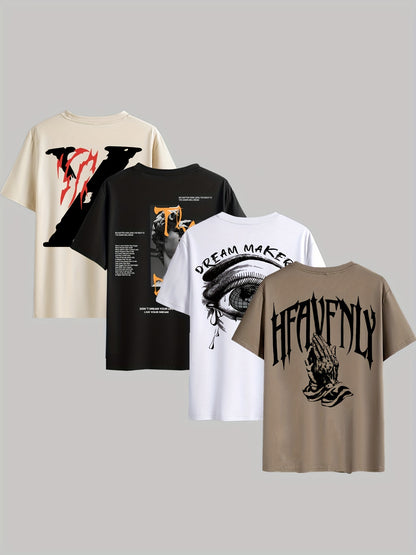 4pcs Men's Graphic Tees - "Heavenly"  More Designs, Casual Crew Neck Short Sleeve T-Shirts in Beige, Black, White - Lightweight Polyester for Summer Outdoor Wear