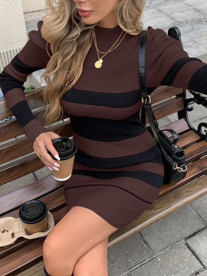 Elegant Winter Short Smock Dress with Poinçon d'Asymétrie Asymmetric Striped Sleeves - High Neck H-Line Figure-Hugging Dress, Knee-Length Short for Fall/Winter Parties, Weddings & Special Occasions (Non-)