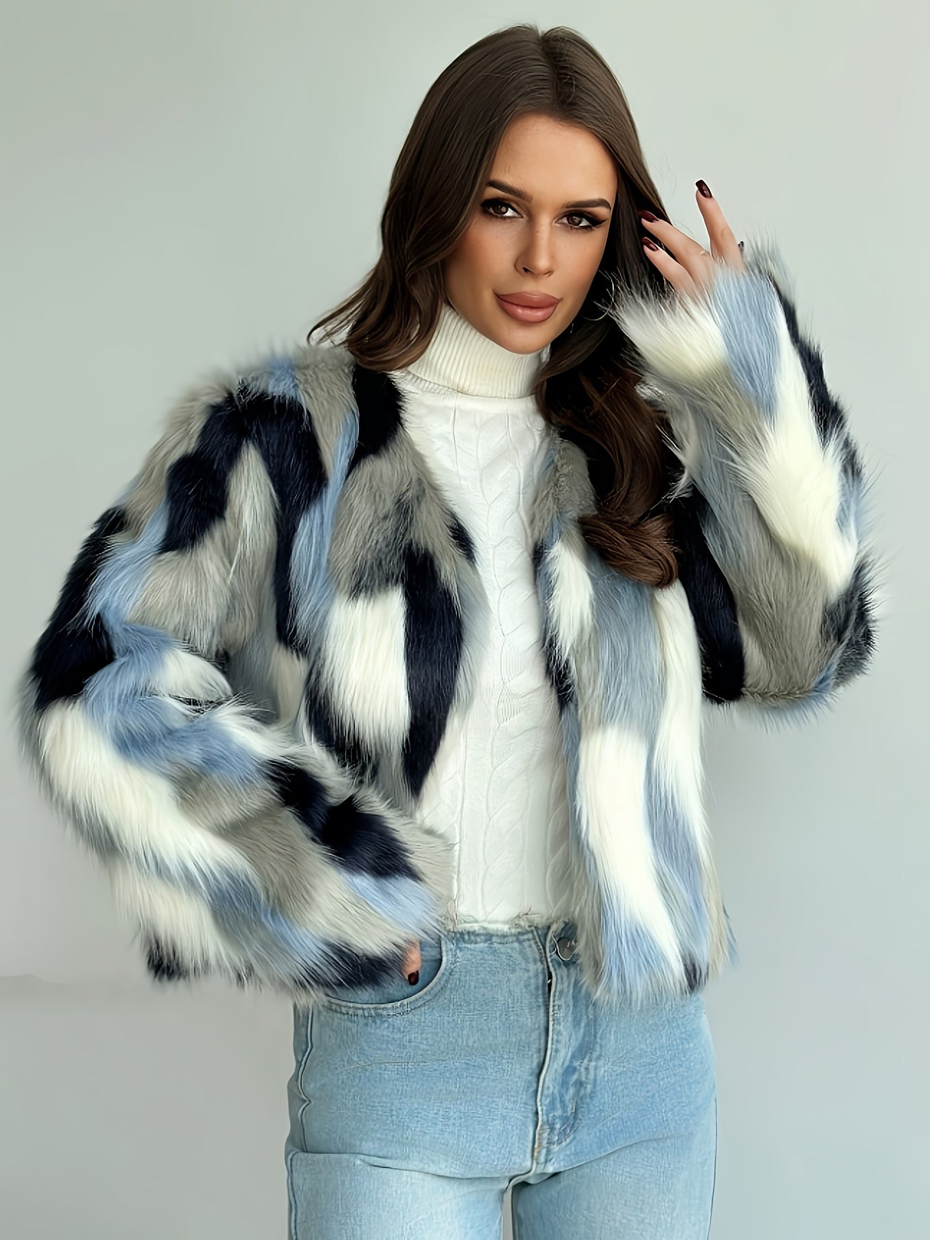 Women's Elegant Tie-Dye Faux Fur Coat - Plush Warm Winter Outerwear with Blue Black White Grey Pattern, Machine Washable Fall Winter Fashion Coat for Casual & Formal Outfits, Winter Coat, Open Front Design, Soft Texture