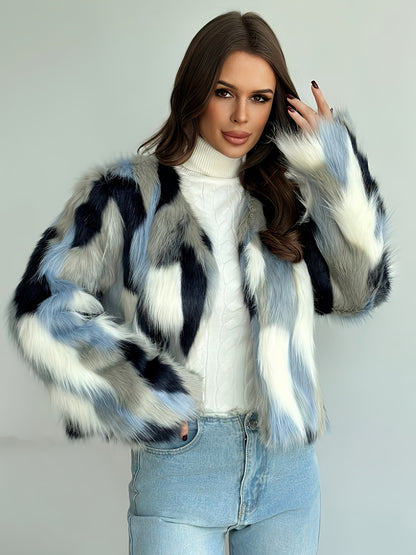Women's Elegant Tie-Dye Faux Fur Coat - Plush Warm Winter Outerwear with Blue Black White Grey Pattern, Machine Washable Fall Winter Fashion Coat for Casual & Formal Outfits, Winter Coat, Open Front Design, Soft Texture