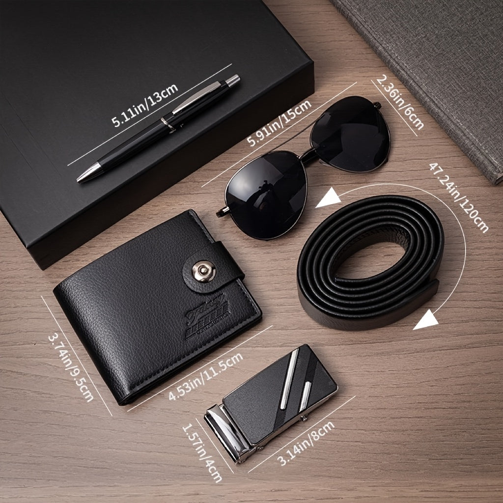 5pcs Men's Business Gift Box Set (with Gift Box). The Gift Box Includes Fashion Glasses, Wallet, Ballpoint Pen, Belt, and Buckle. Very Suitable for Father's Day, Valentine's Day, Thanksgiving, Etc., Suitable for Birthday Gift