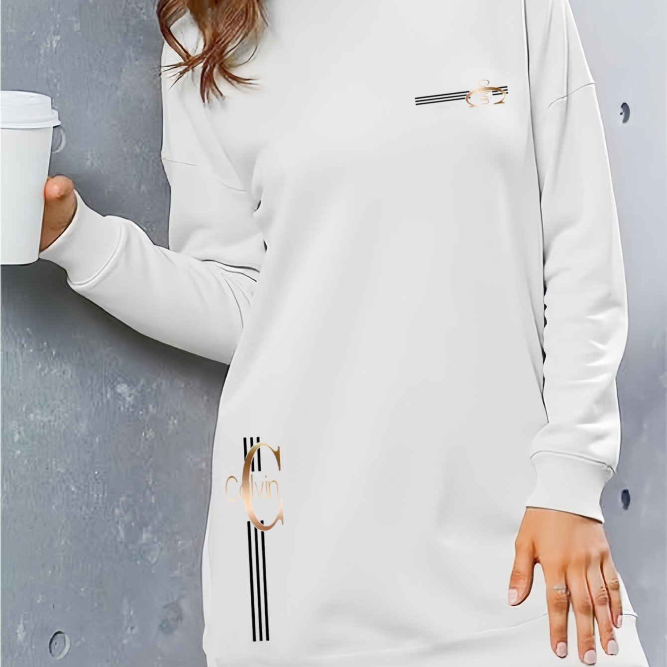 Women'S Elegant Letter Print Hooded Sweatshirt - Thickened Fleece-Lined Long Dress with Golden Lettering & Golden-Tone Lettering, Front Zipper Closure, All-Season Casual Elegant Sweater, Cute Hoodie
