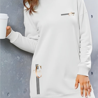 Women'S Elegant Letter Print Hooded Sweatshirt - Thickened Fleece-Lined Long Dress with Golden Lettering & Golden-Tone Lettering, Front Zipper Closure, All-Season Casual Elegant Sweater, Cute Hoodie
