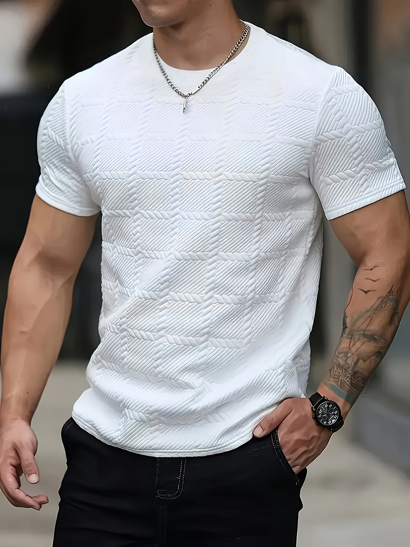 Men'S Casual Jacquard Knit Short-Sleeve T-Shirt - Featuring a Stylish Geometric Pattern, Round Neck, Comfortable for All Seasons, Perfect for Casual Wear.