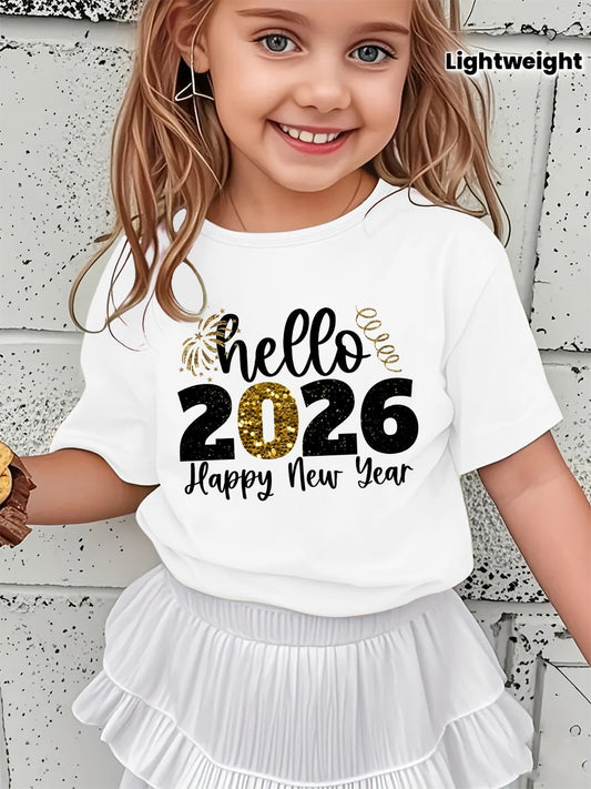 Girls' 2026 New Year T-Shirt - Hello 2026 Happy New Year Graphic Tee with Golden Number 2026, Heart, & Golden Lettering - Lightweight Summer Top for Birthday Party, Girls Clothes