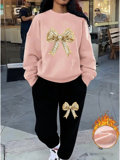 Women'S Sparkling Bow Print Sweatshirt and Pants Set - Casual Long Sleeve Pullover with Glittery Bow Design, Black and Gray, Perfect for Casual Attire, Casual Wear|Sparkling Bow Design|Stretchy Fabric