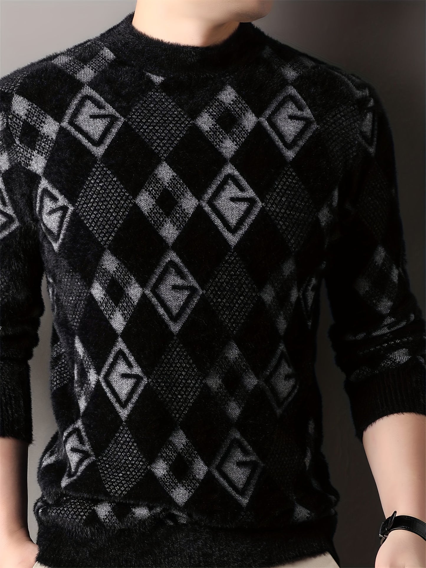 Maqiqi OBM Men's New Autumn/Winter Knit Pullover, Plaid Pattern Men's Sweater with Letter Decoration, Faux Mink Fur Round Neck Long Sleeve Men's Top, Soft and Comfortable Fabric, Suitable for Casual Outings, Men's Gift