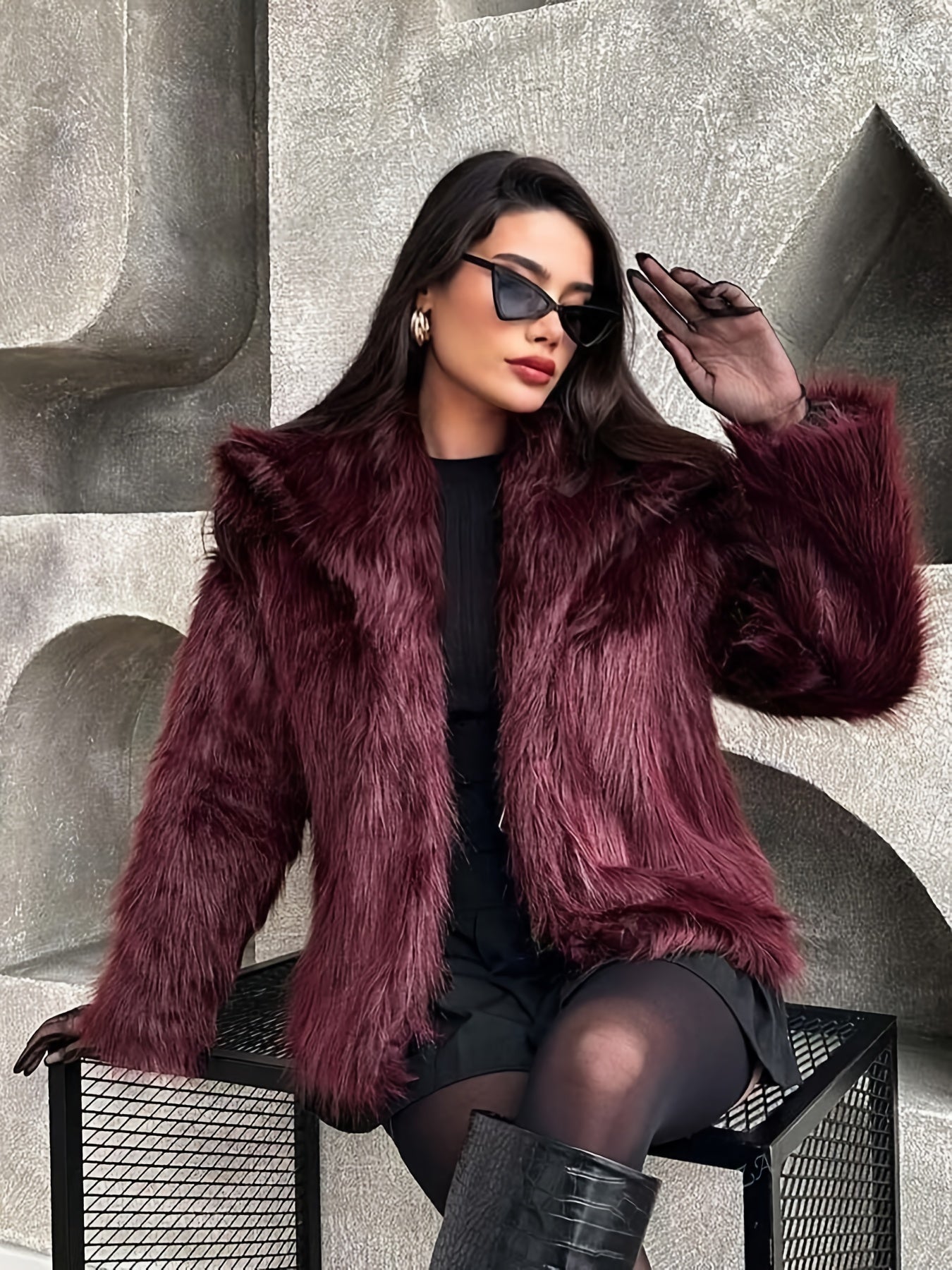 Women's Elegant Luxury Faux Fur Coat - Winter Warm Solid Black Outerwear with Plush Fur Collar, Machine Washable Winter Coat for Fall & Winter, Casual to Formal Events, Faux Fur Jacket for Women, Chic and Sophisticated Design