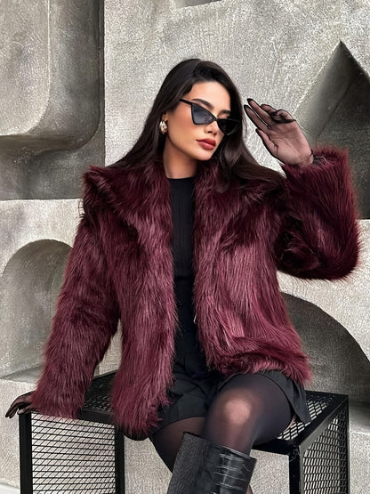 Women's Elegant Luxury Faux Fur Coat - Winter Warm Solid Black Outerwear with Plush Fur Collar, Machine Washable Winter Coat for Fall & Winter, Casual to Formal Events, Faux Fur Jacket for Women, Chic and Sophisticated Design