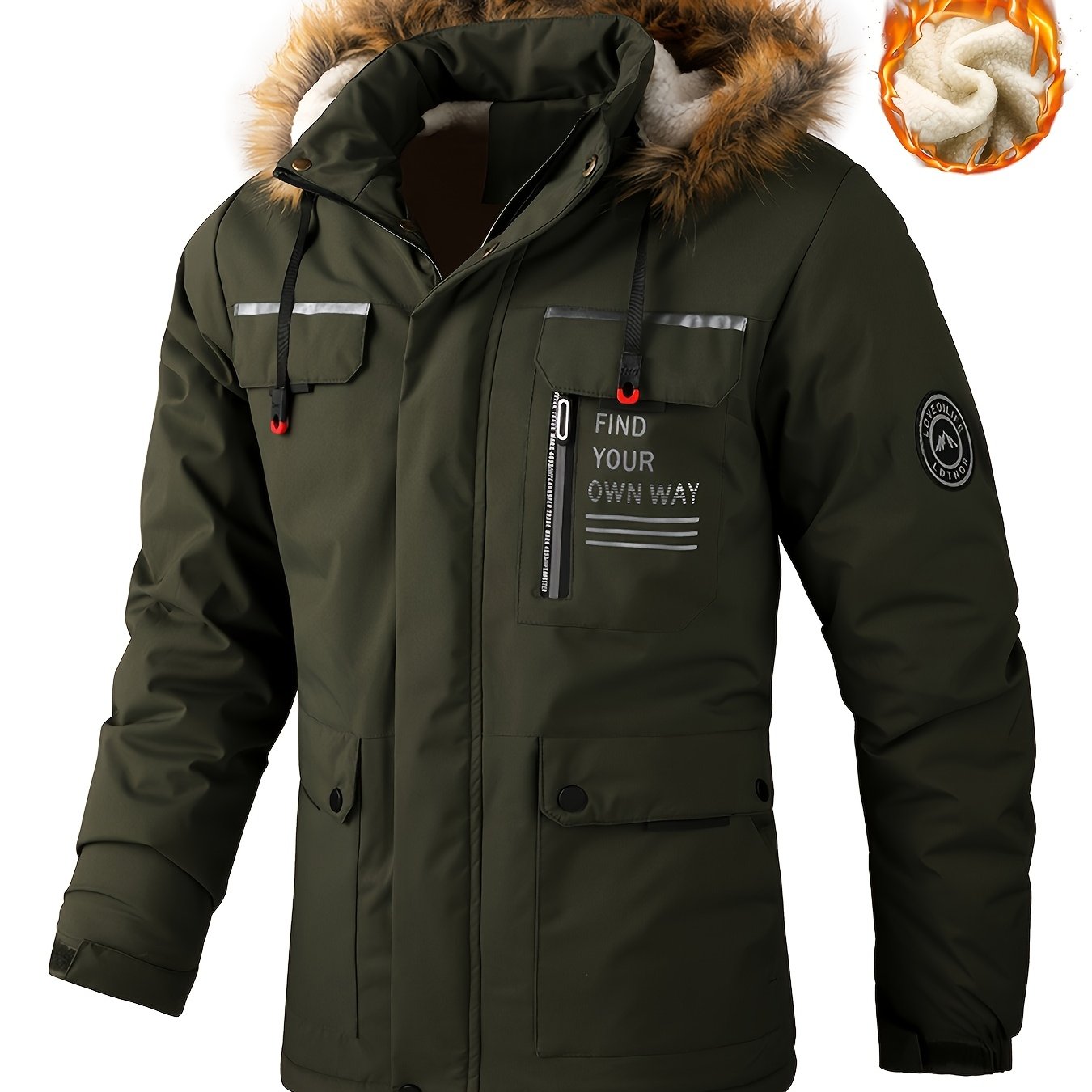 Men'S Heavy-Duty Winter Jacket with Fur-like Hood Collar - Thermal Insulated Cold Weather Coat, Full-Zip Front, Zippered Pockets - Beige/ for Everyday & Formal Outfits - Non-Stretch Outer Shell, Outdoor Outerwear, Casual Styl