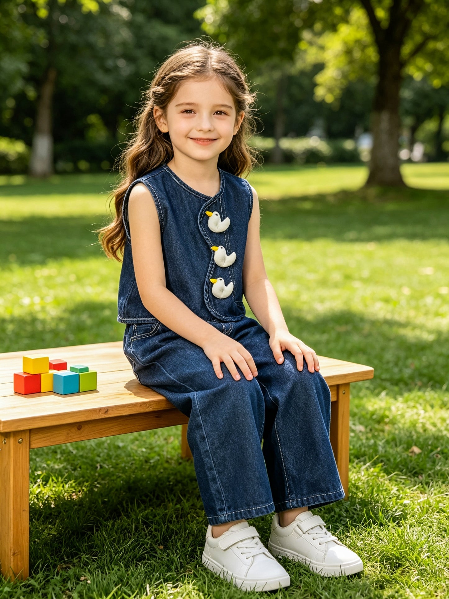 Girls Cute Sleeveless Denim Vest & Loose Straight Leg Jeans Set