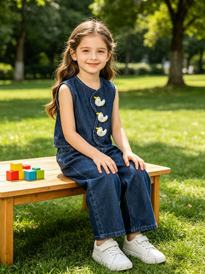 Girls Cute Sleeveless Denim Vest & Loose Straight Leg Jeans Set