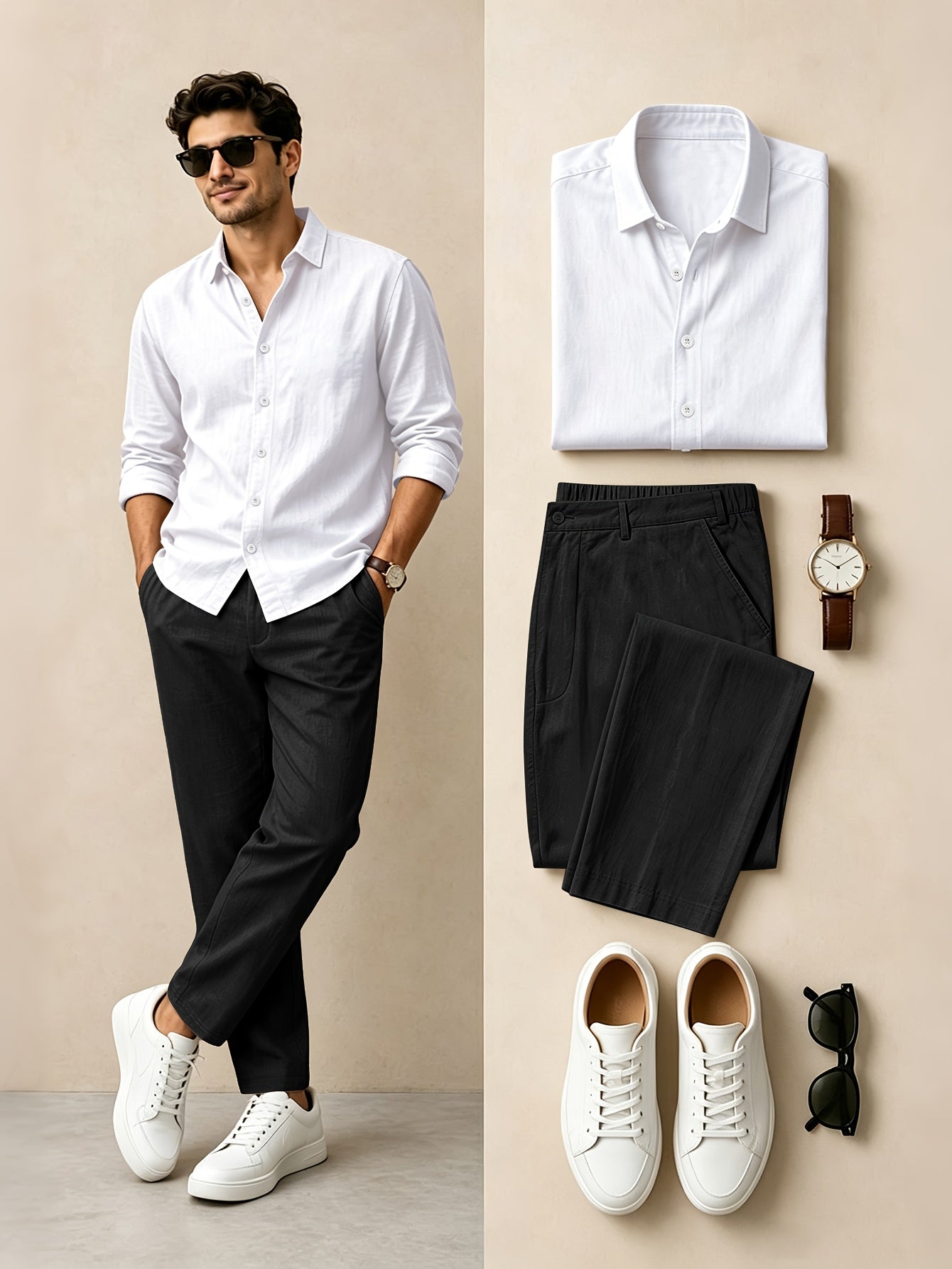 Men's Casual Linen Lapel Shirt & Buckle Pants Set for Spring/Fall