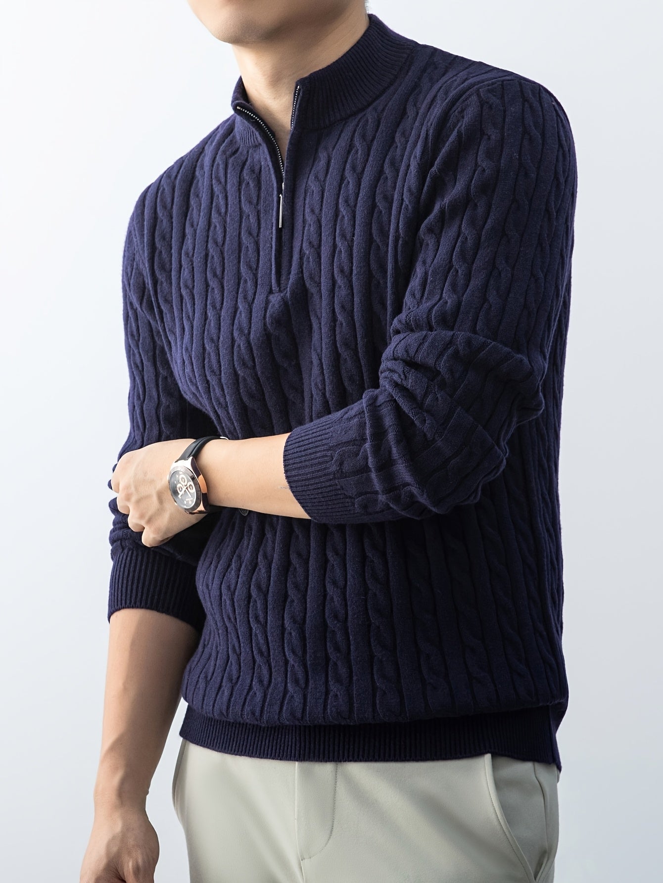 New Men'S Christmas Gift: a Thick, Warm, And Cold-Resistant Knitted Sweater with a Cable-Knit Design And a Zippered Collar, Suitable for Both Layering And Wearing Alone, Perfect for Casual And Versatile Outfits