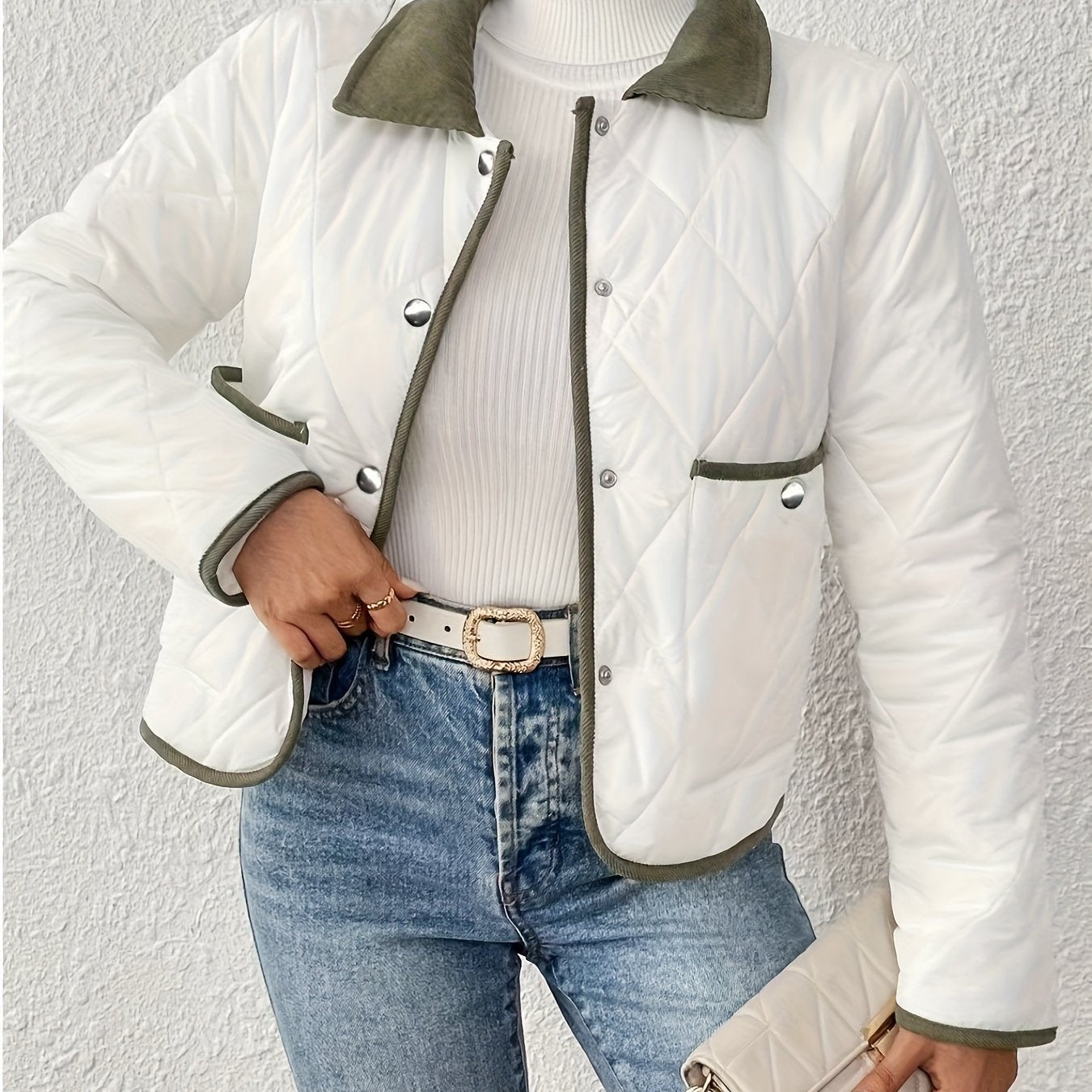 Women's Fashion Elegant Two-Tone Fabric Short Jacket, Color-Block Lapel Collar, Long Sleeve, Suitable for All Occasions, Autumn and Winter