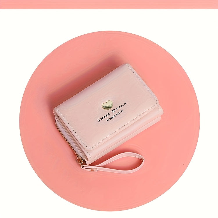 New Women'S Short Wallet, Cute Korean-Style Heart-Shaped, Large Capacity with Multiple Card Slots, Trendy Tri-Fold Design.