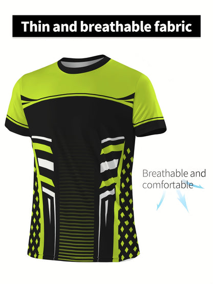 Geometric print high stretch skinny fit short sleeve crew neck T-shirt, quick-drying sports top for summer fitness, training and gym wear
