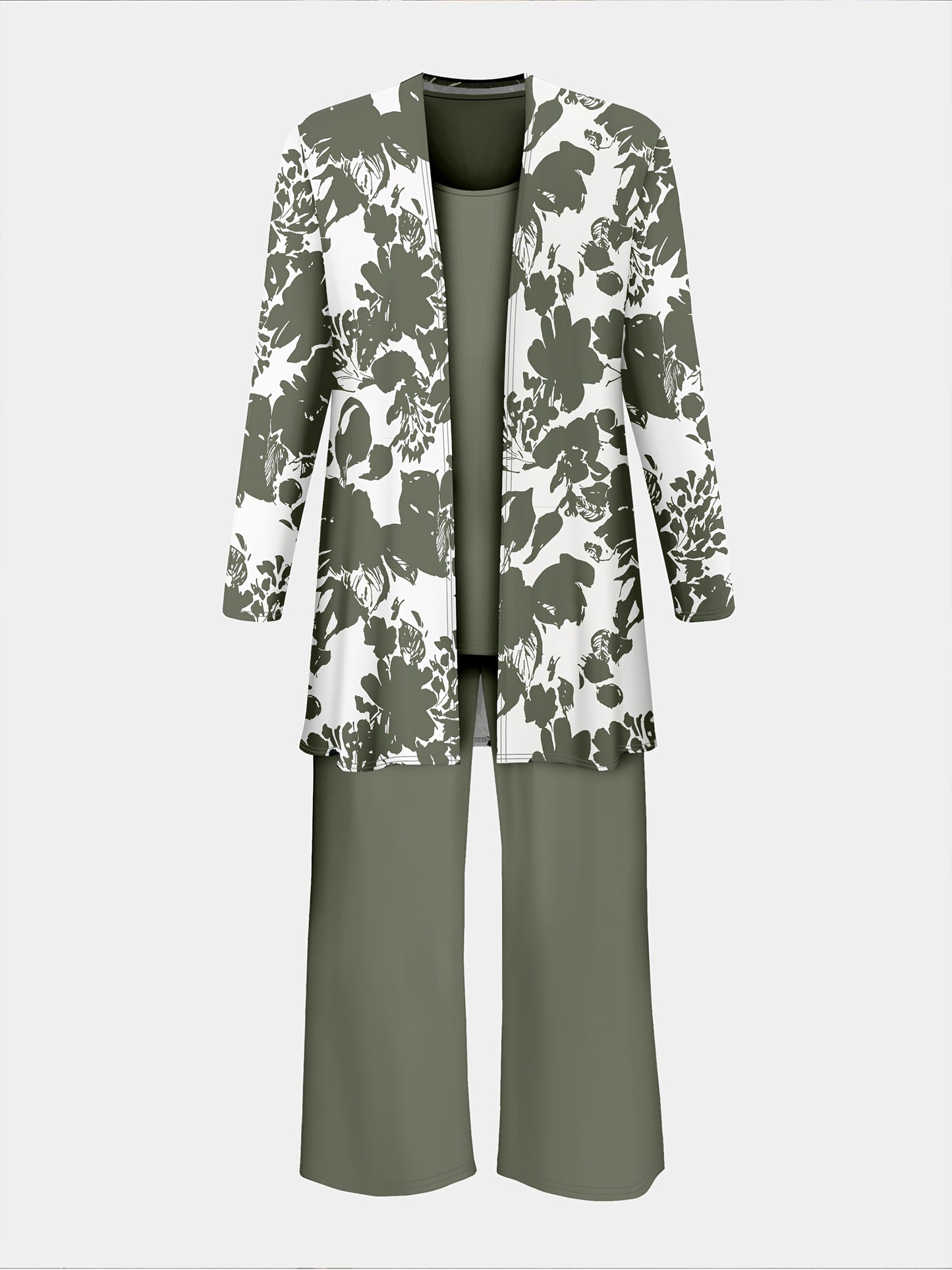 Plus Size, A three-piece set of elegant and unique female plus-size floral printed top and solid-colored vest and trousers