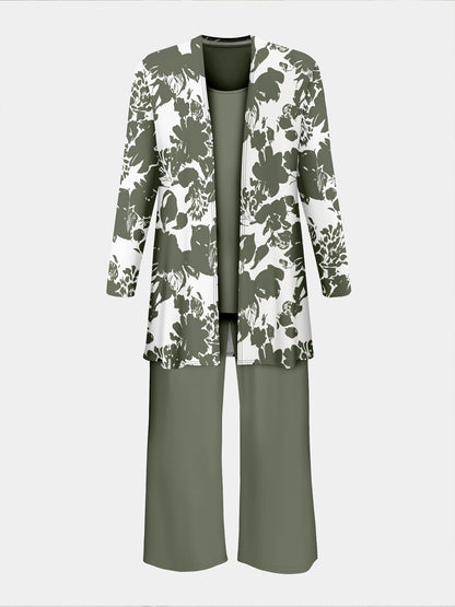 Plus Size, A three-piece set of elegant and unique female plus-size floral printed top and solid-colored vest and trousers