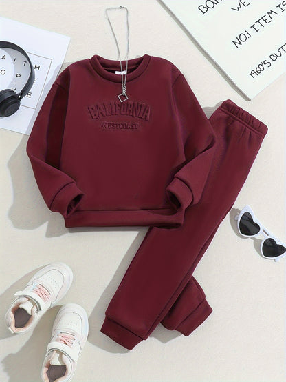 Tween Girls' Autumn/Winter Letter Embossed Warm Lined Sweatshirt and Joggers, Perfect for Outdoor