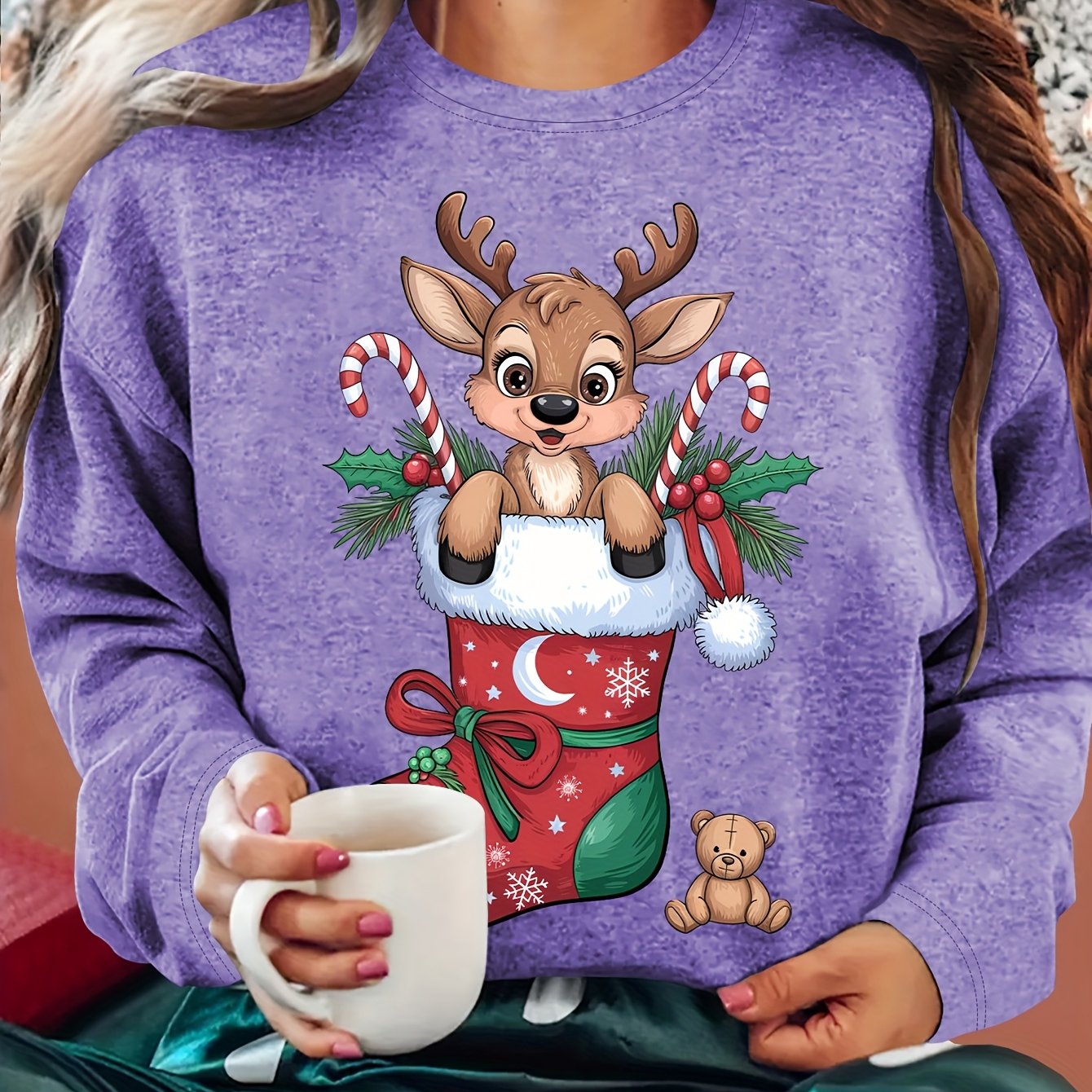 Women'S Christmas Sweater - Soft Pink Holiday Party Top with Deer in Santa Hat & Candy Cane Graphic, Cozy Long Sleeve Shirt for Christmas, New Year'S Eve, Everyday Winter Outfits - Sizes S-XXL (Extended Sizes Available) - Non