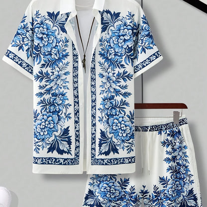 Men'S Two Sets of Floral Print Casual Button-Up + Drawstring Sports Shorts Two-Piece Hawaiian Beach Sports Styl