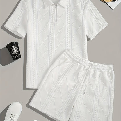 Men's Suit Short Sleeve Shorts Jacquard Casual Zipper Fashion Summer Outerwear Two Piece Set
