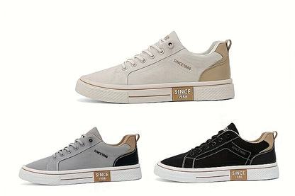 Men's Casual Low-Top Sneakers - Breathable Fabric  Durable PVC Sole, Black  Beige Contrast Design, Lace-Up Round Toe for All-Season Comfort, Versatile for Casual  Semi-Formal Wear, Comfortable Footwear, Fabric Upper