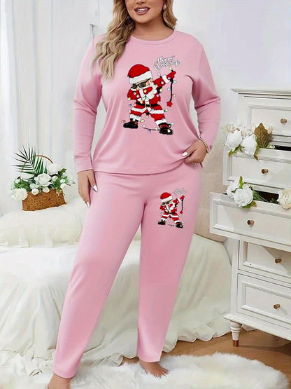Plus Size - Plus Size - Plus Size - Women'S Plus Size Christmas & Halloween Two-Piece Set - Cozy Long Sleeve T-Shirt with Santa Claus & Snowflake Print, Pockets, and Matching Pants, Casual Holiday Outfit for Fall and Winter,