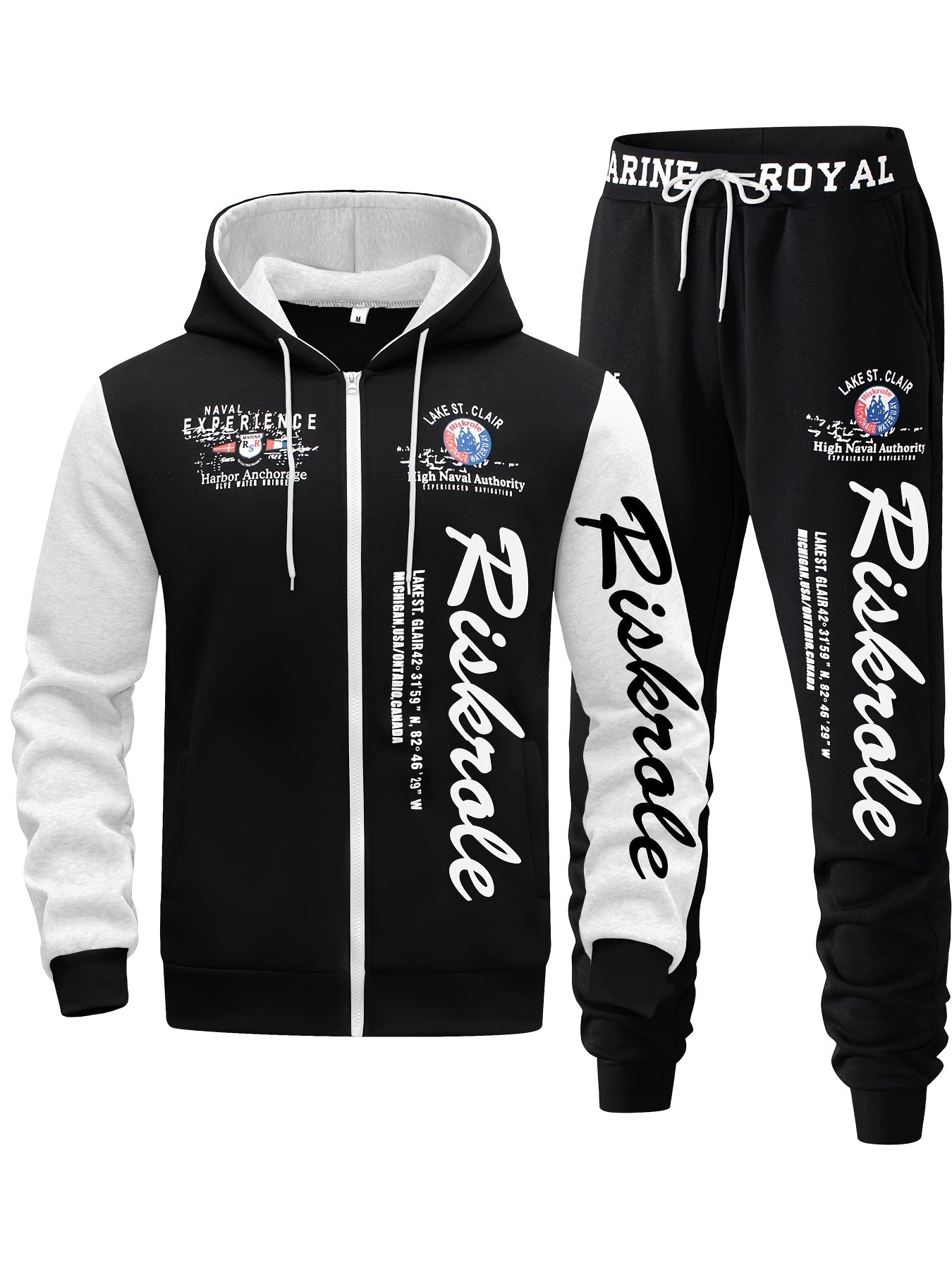 Men's Hooded Letter Print Tracksuit, 2pcs Casual Sports Set, Fashion Hoodie With Full-zip And Elastic-waist Pants, Regular Fit, Outdoor Cloth