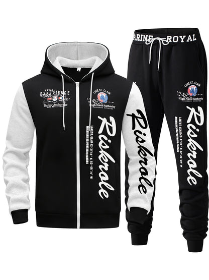 Men's Hooded Letter Print Tracksuit, 2pcs Casual Sports Set, Fashion Hoodie With Full-zip And Elastic-waist Pants, Regular Fit, Outdoor Cloth