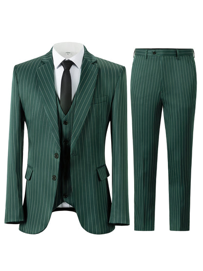 Men's Slim Fit Striped Three-Piece Suit with Vest and Pants