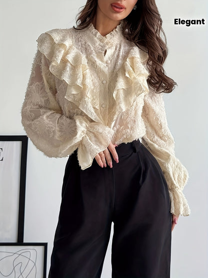 Women's Elegant and Romantic Retro Court Style Stand Collar Pleated Textured Button Flared Sleeve Apricot Shirt, Autumn Collection