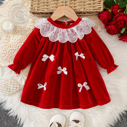 1pc Baby Girl's Red Lace Dress with Ruffled Collar & Bow Back - Long Sleeve Winter Party Dress for Christmas, New Year, Weddings - Soft Warm Outfit (Short Leg Opening, Machine Washable Clothing)