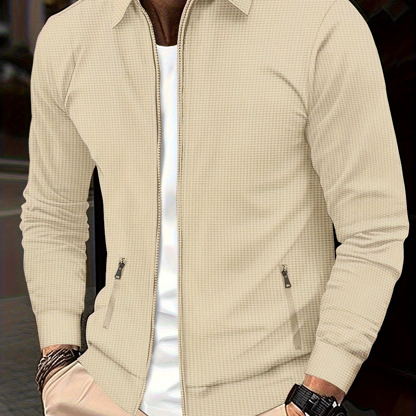 1pc Men'S Casual Polyester Zip-Up Jacket with Lapel Collar, Solid Color, Slight Stretch, Woven Fabric, Regular Fit, No Lining - Spring/Fall Outerwear