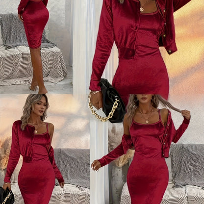 Ladies' Fashion Velvet Set - Machine Washable, Sexy Strappy Dress with Elegant Casual Long-Sleeve Coat, Premium Smooth Fabric, Perfect for All-Season Outings, Parties, and Stylish Office Wear | Sleek Design | High-Quality Mat