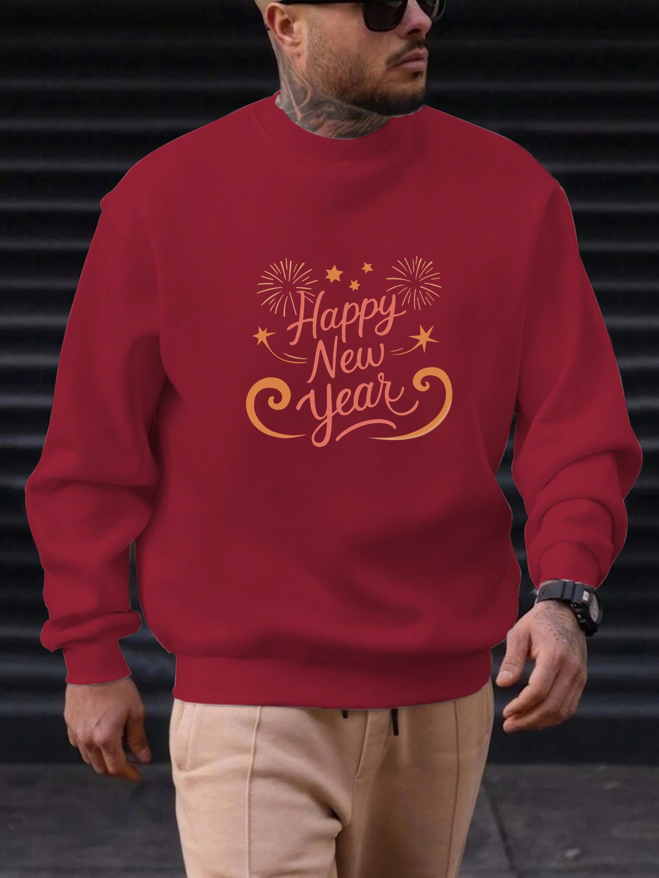 Men'S Happy New Year Sweatshirt - Light Grey with Orange Lettering - Regular Fit Crewneck Pullover for New Year'S Eve, NYE Parties & Casual Attire - Non-Permanent Celebration Sweater for Everyday & Special Occasions, New Year