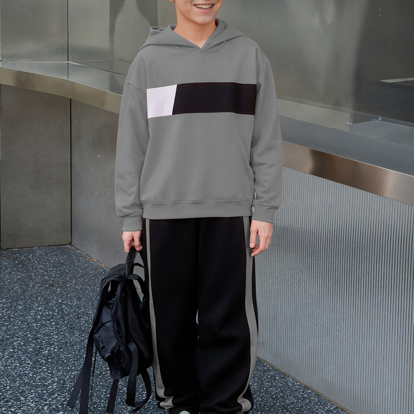 2pcs Boys' Winter Hooded Sweatsuit & Pants - Warm Sweater Outfit with Matching Long Pants, Colorblock Hoodie (Suitable for & Big Kids) - Machine Washable 2pcs set, Perfect for Outdoor