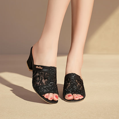 Women'S Black Sequin Peep-Toe Block Heel Shoes - Summer Casual Mary Jane with Ankle Strap, 5cm Mid-Heel, Open-Toe Design for Casual Attire, High Heel, Evening Wear, Fabric Upper, Rubber Sole