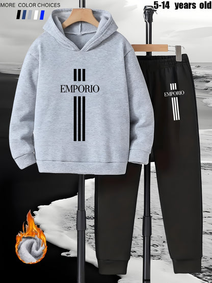 Boys' 2pcs Hoodie and Sweatpants Set with EMPORIO Print, Polyester Material, Comfortable Fit for Autumn/Winter Wear, Perfect for Daily Use and Outdoor Activities | Back-to-School Gift | Ideal for Home Sports | Essential for R