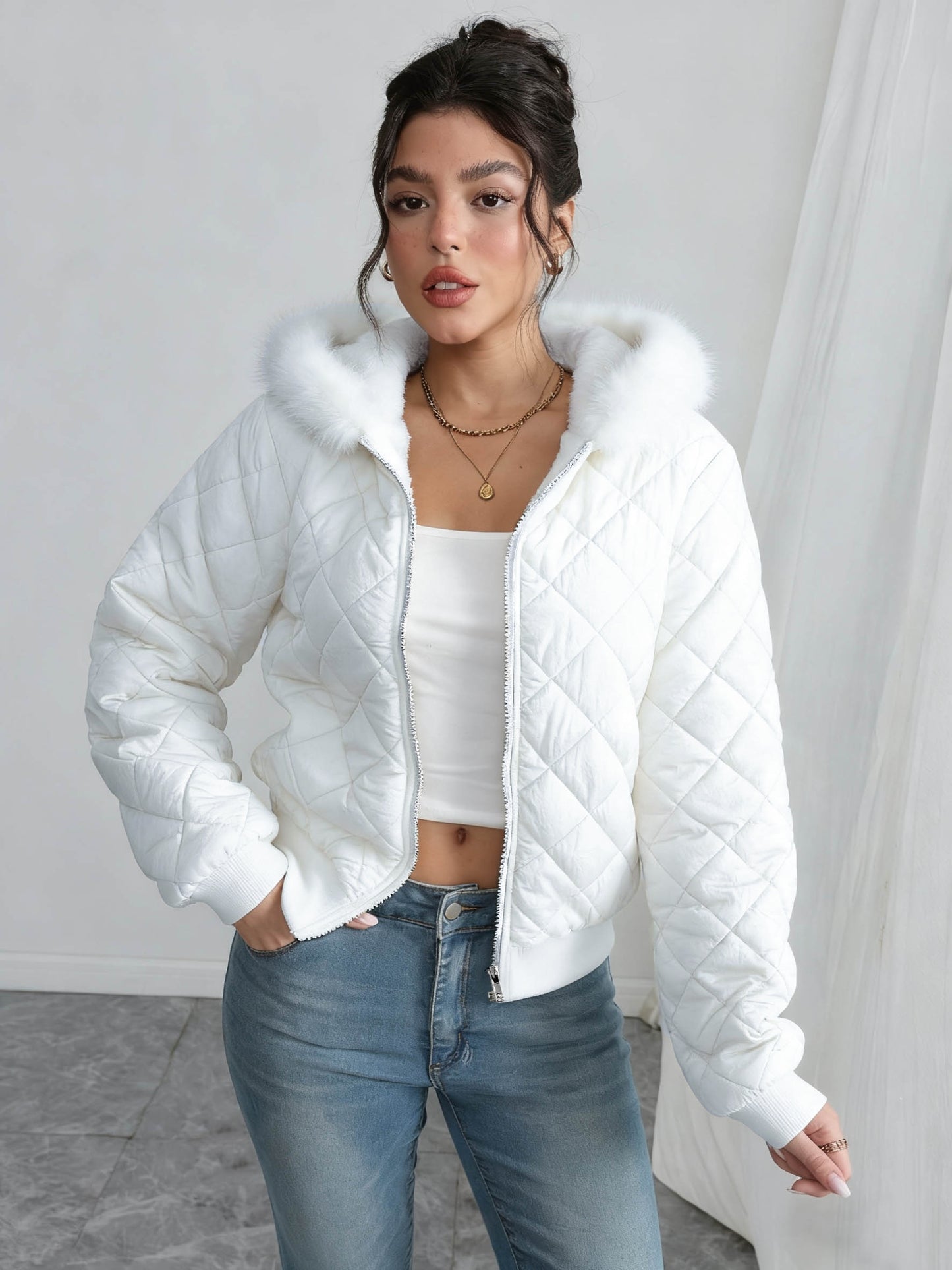 Women'S Cozy Fleece-Lined Hooded Jacket - Casual Long Sleeve, Solid Color, Regular Fit, Long Sleeve, Zip-Up, Casual Style, Casual Outerwear, Winter Jacket