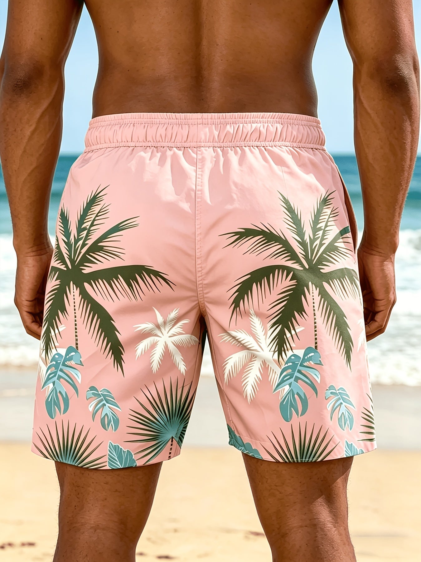 Plus Size Men's Palm Tree Print Beach Shorts, Breathable Polyester