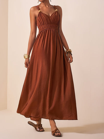 Elegant Summer V-Neck Beaded Sleeveless Waist-Cinching Dress