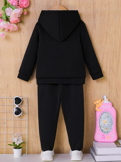 Series Stitch Girls' Two-Piece Autumn Winter New Hoodie Set - Available in Multiple Colors, Cartoon Print Embellishments, 3-10 Years Old, Outdoor Activity Fleece, for Outdoor, Thick