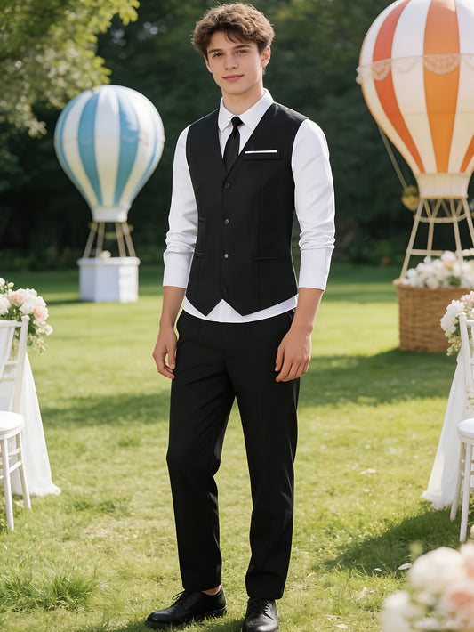 Teen Boys Black Two-Piece Vest Suit with Elastic Waist Pants